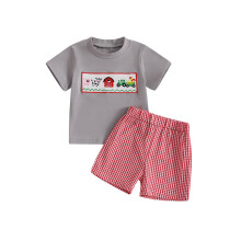 (18-24 Months, Gray) Kisgyermek lány rövidnadrág szett hímzett felsővel és kockás rövidnadrággal