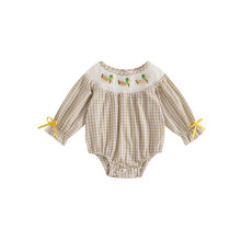 (6-12 Months, Khaki) Mono de manga larga a cuadros para bebé niña con bordado de pato, ideal para recién nacidas y bebés.