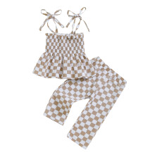 (4-5 Years, Khaki) Kislány kockás szett, fodros babydoll, megkötős, rugalmas derekú hosszú nadrág, 2 db-os nyári szett