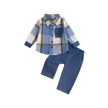 (2-3 Years, Blue) Babyjongen herfstoutfit: klassieke jas met lange mouwen en ruitprint + corduroy broek set. Kinderkleding