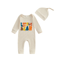 (0-3 Months, Apricot) Conjunto de otoño para bebé niño y niña, mono acanalado de manga larga con bordado de letras y gorro, 2 piezas