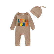 (6-9 Months, Coffee) Conjunto de otoño para bebé niño y niña, mono acanalado de manga larga con bordado de letras y gorro, 2 piezas