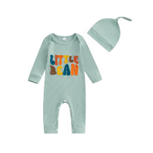 (6-9 Months, Green) Conjunto de otoño para bebé niño y niña, mono acanalado de manga larga con bordado de letras y gorro, 2 piezas