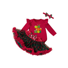 (6-9 Months, Red) 3-teiliges Baby-Mädchen-Set: Strampler mit Buchstabenprint, Tüllrock, Stirnband und Weihnachtsoutfit.