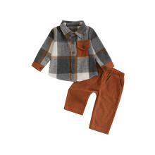 (6-12 Months, Brown) Babyjongen herfstoutfit: klassieke jas met lange mouwen en ruitprint + corduroy broek set. Kinderkleding