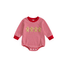 (0-3 Months, Red) Gestreifter Baby-Strampler mit modischer Weihnachtsstickerei im Lebkuchen-Stil, Rundhalsausschnitt und langen Ärmeln