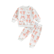 (6-12 Months, Pink) Kislány 2 db-os őszi ruhák, hosszú ujjú, masnis/virágmintás pulóver + nadrág szett, kisgyermek ruhák