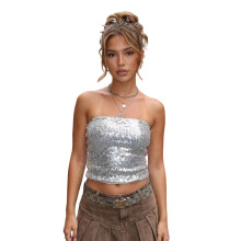 (L, Silver) Women's Glitter Sequin Tube Tops Sleeveless Strapless Slim Fit Bandeau Tops Club Shirts