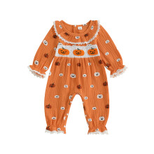 (6-12M, Orange) Baby-Mädchen Halloween-Strampler mit Kürbisprint, langen Ärmeln, Rüschen und Rundhalsausschnitt