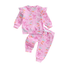(12-18 Months, Pink) Jesienne ubranka dla dziewczynki: sweter z nadrukiem, długi rękaw + spodnie z elastyczną talią, zestaw 2 szt.