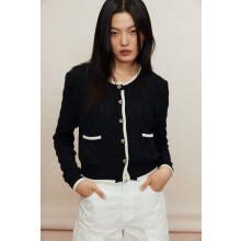 (M, Black) Women's Contrast Line Cardigan Long Sleeve Round Neck Button Down Sweater Knit Tops with Pockets