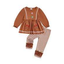 (18-24 Months, Brown) Świąteczny strój dla dziewczynki, koszulka z długim rękawem i pasiastymi spodniami