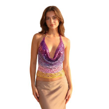 (M, Multicolor) Women's Halter Neck Vest Summer Sleeveless Open Back Trendy Shiny Sequins Tank Tops