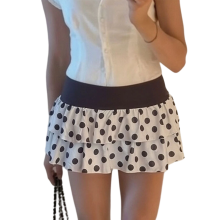 (L, White) Women's Mini Ruffle Skirt Casual A Line Stylish Dot Print Low Rise Short Tiered Skirt