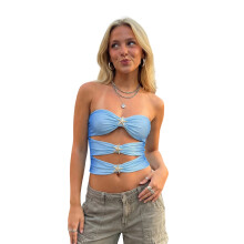 (S, Blue) Women Crop Tube Tops Summer Starfish Cutout Ruched Off-Shoulder Bandeau Backless Shirts for Streetwear