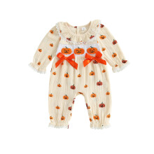 (6-12 Months, Apricot) Baby-Mädchen Halloween-Strampler mit Kürbisprint, langen Ärmeln, Rüschen und Rundhalsausschnitt