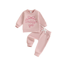 (6-12 Months, Pink) Komplet spodni dla małych dziewczynek, 2 sztuki, długi rękaw, kokarda, haftowane litery