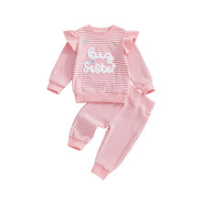 (2-3 Years, Pink) Herbstliches Waffel-Outfit für Mädchen: gestreiftes Sweatshirt mit Buchstabenstickerei und elastische Hose