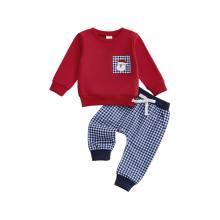 (12-18 Months, Red) Peuterkleding set jongens: trui met lange mouwen, kerstman/kerstboom borduring, en geruite broek (2-delig).