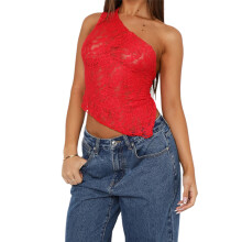 (M, Red) Women Lace Vest, Sleeveless One-shoulder Backless Irregular Summer Tops Clubwear for Party