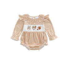 (6-12 Months, Khaki) Romper Bubble Stríocach do Chailíní Leanbh Faiseanta le Bróidnéireacht Rugbaí agus Ruffled Muinchille Fada