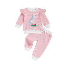 (12-18 Months, Pink) Zestaw w paski dla małych dziewczynek, modny haft kaczki, sweter z długim rękawem i spodnie, 2 szt., jesienny strój