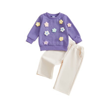 (6-12 Months, Purple) Herbstoutfit für Kleinkinder: 2-teiliges Set mit Sweatshirt und Hose, 3D-Blumenmuster, Rundhalsausschnitt.
