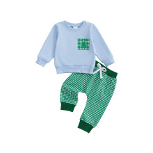 (18-24 Months, Blue) Peuterkleding set jongens: trui met lange mouwen, kerstman/kerstboom borduring, en geruite broek (2-delig).