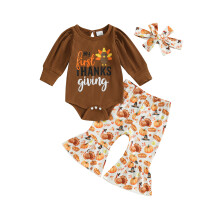 (0-3 Months, Brown) Baby Mädchen Thanksgiving Outfit: 3-teilig mit Strampler, Truthahnprint, Rundhals, lange Ärmel, Schlaghose & Stirnband