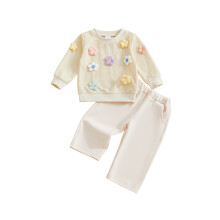 (2-3 Years, Beige) Herbstoutfit für Kleinkinder: 2-teiliges Set mit Sweatshirt und Hose, 3D-Blumenmuster, Rundhalsausschnitt.