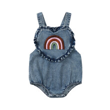 (6-12 Months, Light Blue) Mono vaquero sin mangas para bebé niña con bordado de arcoíris y tirantes. Peto para recién nacida.