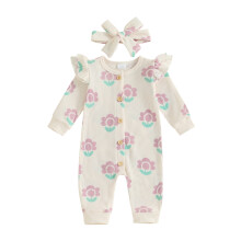 (0-3 Months, Beige) Jesenný outfit pre novorodenca s dlhým rukávom, kvetinovou potlačou a volánikmi