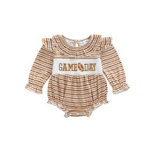 (6-12 Months, Brown) Romper Bubble Stríocach do Chailíní Leanbh Faiseanta le Bróidnéireacht Rugbaí agus Ruffled Muinchille Fada