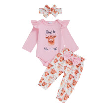 (6-9 Months, Pink) Zestaw 3 ubranek jesiennych dla dziewczynki z długim rękawem, spodniami w krowy i opaską na głowę