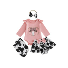 (12-18 Months, Pink) Baby-Mädchen-Outfit: Strampler mit Buchstabenprint, Rock mit Kuhmuster, Stirnband & Socken – süßes 4-teiliges Set