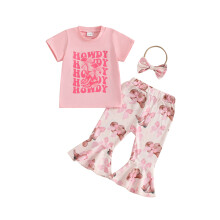 (3-4 Years, Pink) Sommer-Outfit für Kleinkinder und Babys (3-teilig): Kurzarm-T-Shirt mit Print, Schlaghose und Haarband mit Schleife