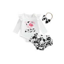 (3-6 Months, White) Baby-Mädchen-Shorts-Set, Langarm-Strampler mit Kuhmuster, Lagenlook-Shorts, Haarband mit Schleife, Herbst-Outfit-Set