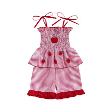 (2-3 Years, Red) Mono corto informal para niña, estampado de manzanas y lápices, tirantes con lazo, fruncido en los hombros.