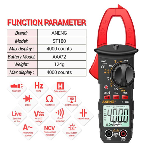 ANENG ST180 Digital Clamp Meter 4000 Counts AC Current Ammeter Multimeter Voltage Tester Car Amp Capacitance Ohm Tools 2