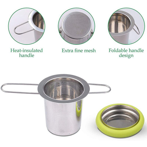 2X Tea Infuser Stainless Steel Tea Strainer Folding Handle Tea Filter Extra Fine Mesh Strainer Brewing Basket (Green) 1
