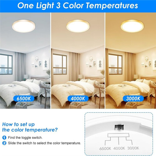 13.3 Inch LED Ceiling Light Gold, 24W Slim Flush Mount Ceiling Light 3000K/4000K/6500K Adjustable Kitchen(2 Pack) 2