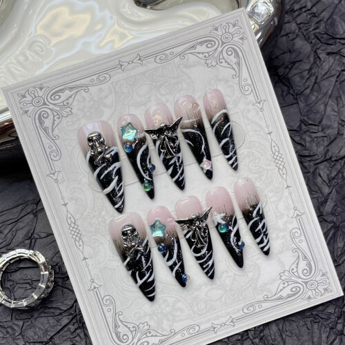 (S) Flash Glitter Gradient False Nails - Pink & Black 2