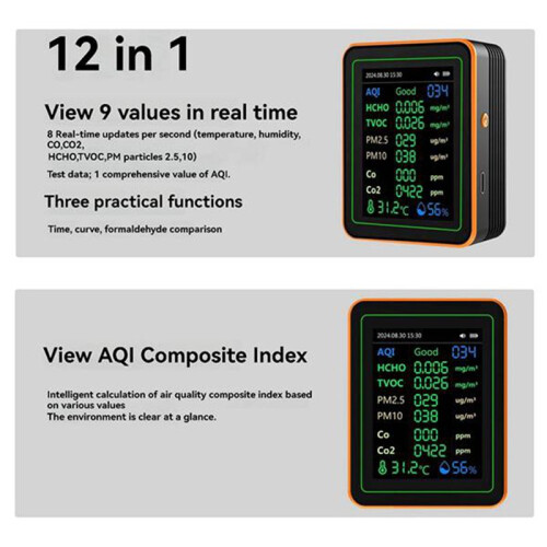 Luchtkwaliteitsdetector 12-in-1 Luchtkwaliteitstester Temperatuur-Vochtigheidsmeter CO/CO2/HCHO/TVOC/AQI/PM2.5/PM10 Wit 2
