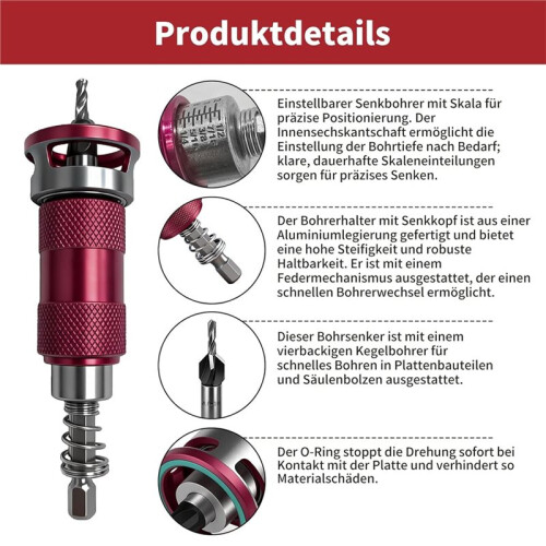 Countersink Drill Set, Countersink Wood Drill with Adjustable Depth Stop, Countersink Drill with 1/4 Inch Hex Shank 1