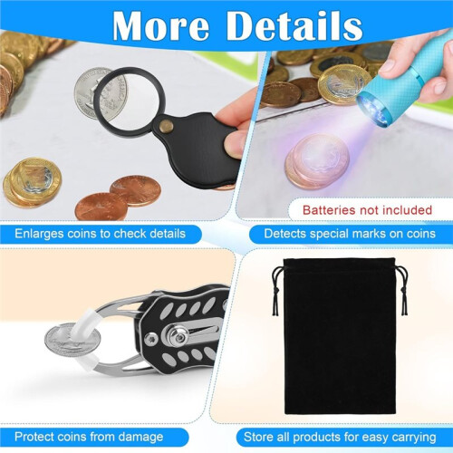 Silver Coin Tester Kit, CoinTester for Resonance Testing and Size Comparison, Magnifying Glass/Hammer/Keychain
