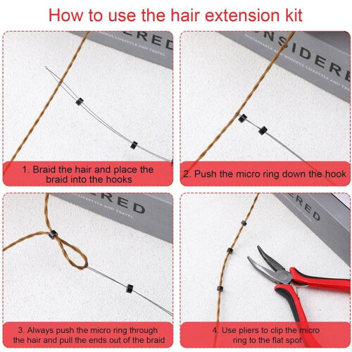 Hair Extensions Tools Kit,Silicone Beads,Plier,Roll Sewing Thread,Loop Needle-Threader, Sewing Needles-Bead Device Tool 2