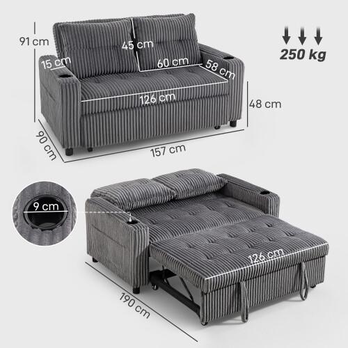 Homcom HOMCOM 2 Seater Sofa Bed, Click Clack Pull Out Bed Settee, Charcoal Grey 2