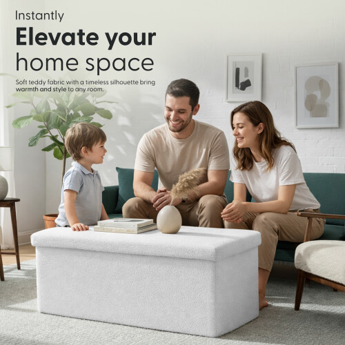 KEPLIN Storage Ottoman Bench Large 90L Hidden Storage, Rapid Fold Flat Design, 150kg Load Capacity, White 1