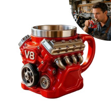 Mug rétro en acier inoxydable à motif moteur V8, 44 cl, double paroi isolante, avec poignée – Idéal pour les passionnés de moto et