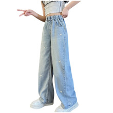 Girls Pants,Jeans Embroidered Jeans Girls Fashion Elastic Waist Wide Leg Loose Casual Denim Pants With Pockets for Girls,Travel Pants,Blue,5-6 Years